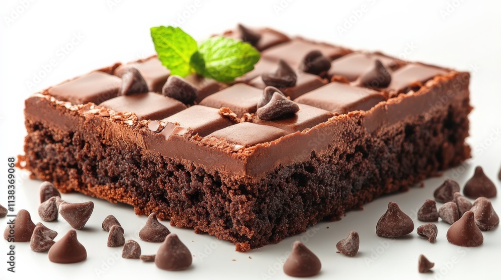 Deliciously Rich Chocolate Brownie with Smooth Frosting and Chocolate Chips Garnished with Fresh Mint Leaves on a Clean White Background Deliciously Rich Chocolate Brownie with Smooth Frosting and Chocolate Chips Garnished with Fresh Mint Leaves on a Clean White Background