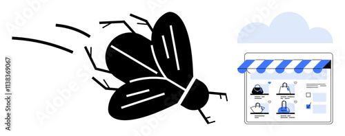 Black fly in flight beside a digital storefront interface under cloud icon. Ideal for technology, e-commerce, online shopping, digital marketing, pest control, website design, SEO content. Line