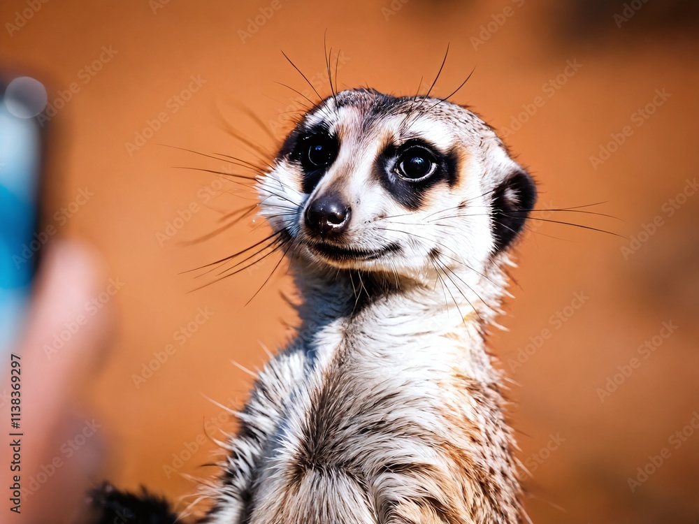 Meerkat standing upright, curiously looking at a person while enjoying the sun in a natural habitat Meerkat standing upright, curiously looking at a person while enjoying the sun in a natural habitat