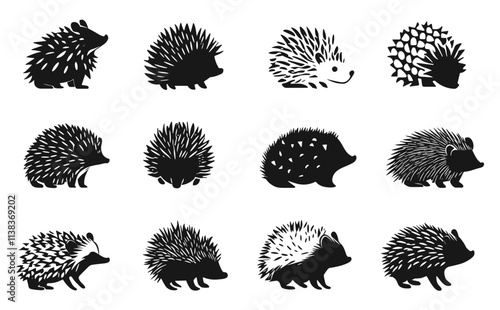 Hedgehog monochrome icons set. Wildlife little forest mammal with sharp spines. Nature animal protection symbol logo emblem design element. Black and white simple flat style. Isolated vector on white
