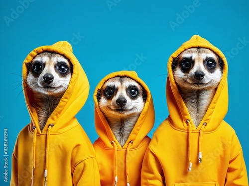Three playful meerkats wearing yellow hoodies against a bright blue background create a whimsical atmosphere