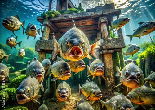 Piranha Feeding Frenzy: Architectural Photography of Aquatic Terror - Underwater Scene photo