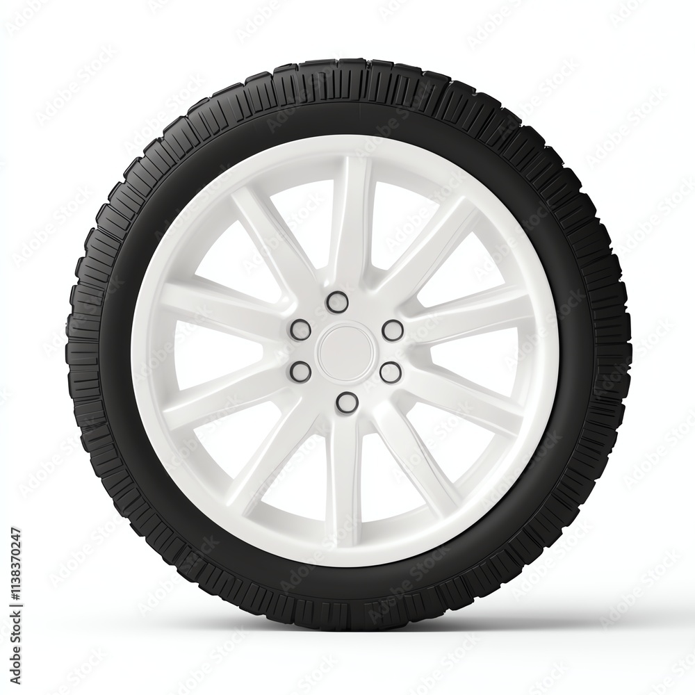 Fototapeta premium A sleek, modern car wheel featuring a white rim and black tire, showcasing a stylish design suitable for various vehicles.