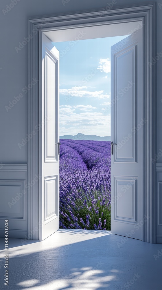 Opening door to nature's vibrance white room interior scene bright environment inviting viewpoint Opening door to nature's vibrance white room interior scene bright environment inviting viewpoint