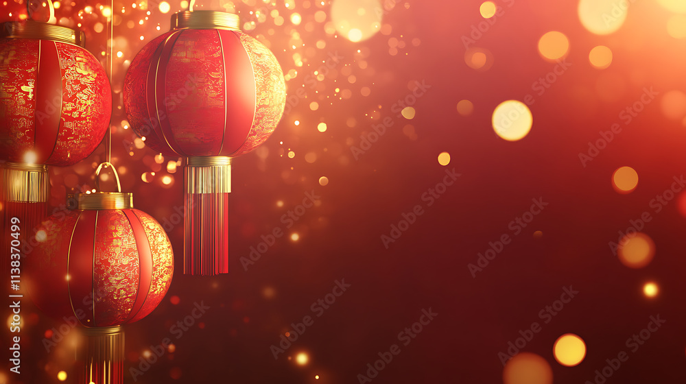 Festive Chinese Lanterns Hang Amongst Blooming Spring Blossoms. A soft, romantic image showcasing three vibrant red Chinese lanterns, adorned with gold patterns, hanging from blossoming branches. Festive Chinese Lanterns Hang Amongst Blooming Spring Blossoms. A soft, romantic image showcasing three vibrant red Chinese lanterns, adorned with gold patterns, hanging from blossoming branches.