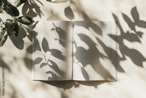 Open Magazine Mockup with Plant Shadows on a Customizable Background  photo