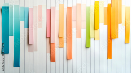 Colorful vertical strips of paper arranged artistically against a white background, creating a vibrant and modern decorative display.
