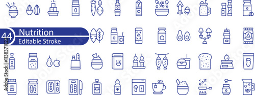 Nutrition icon set. Containing food, vegetables, water, meal planning, fruits, dietary fiber, protein, vitamins, healthy fats and carbohydrate icons. 
