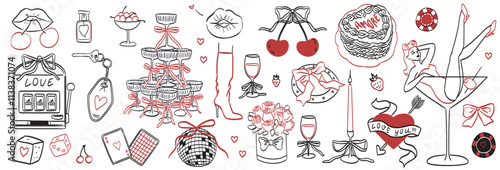 Cute elements decorated with coquette bows, ribbons. Flowers, cherry, hearts, champagne and martini. Elegant vintage woman in glass of martini. Hand drawn line art vector illustrations for wedding.