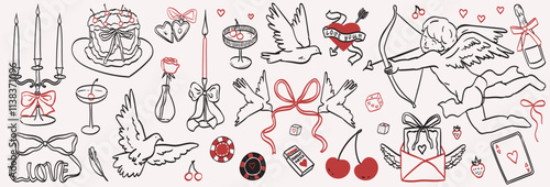 Cute elements decorated with coquette bows, ribbons and doves. Flowers, cherry, hearts, champagne and martini. Elegant vintage angel with bow. Hand drawn line art vector illustrations for wedding.