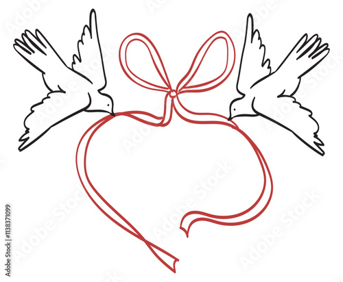 White doves for the Valentine's Day or wedding. Vector illustration of flying birds holding bow ribbons. Romantic messenger concept. Design elements for invitation, banner or postcard in doodle style.