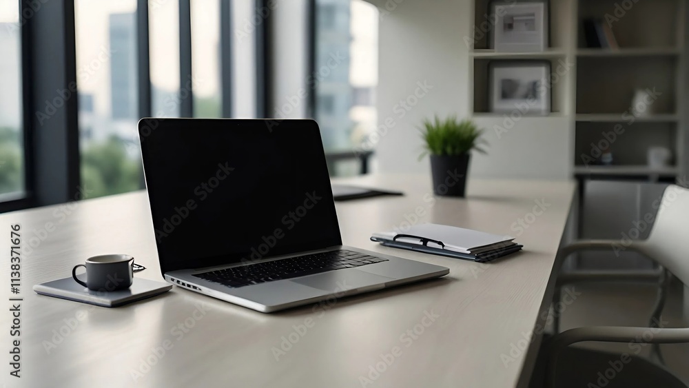 A spacious and elegant office with modern furniture and warm lighting A spacious and elegant office with modern furniture and warm lighting