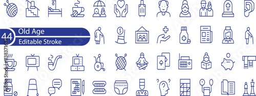 Elderly Line Editable Icons set. Vector illustration in modern thin line style of seniors related icons: active lifestyle, support, care, and more.