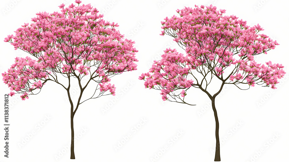 Fototapeta premium Set of cornus florida (flowering dogwood) pink blossoming frontal set street summer trees isolated png on a transparent background perfectly cutout. Isolated. Illustration