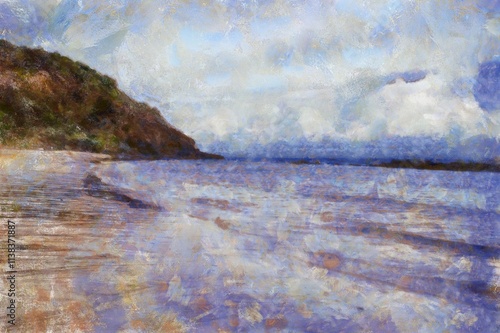The island's beach landscape illustrated with chalk helps create an impressionistic painting.