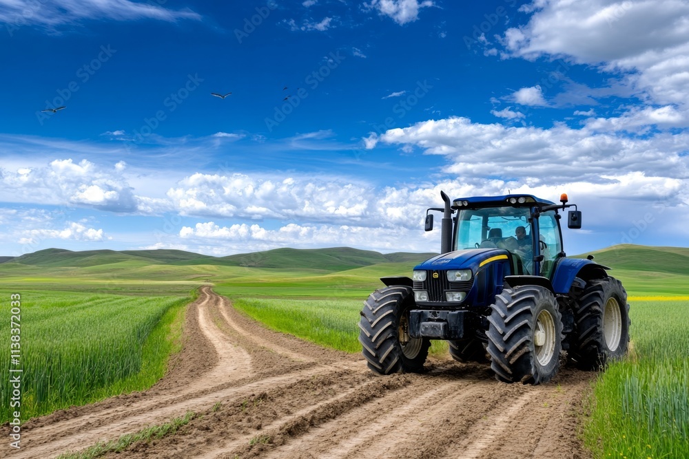 A tractor plowing rich, dark soil in a vast farmland, with birds flying overhead and distant hills on the horizon A tractor plowing rich, dark soil in a vast farmland, with birds flying overhead and distant hills on the horizon
