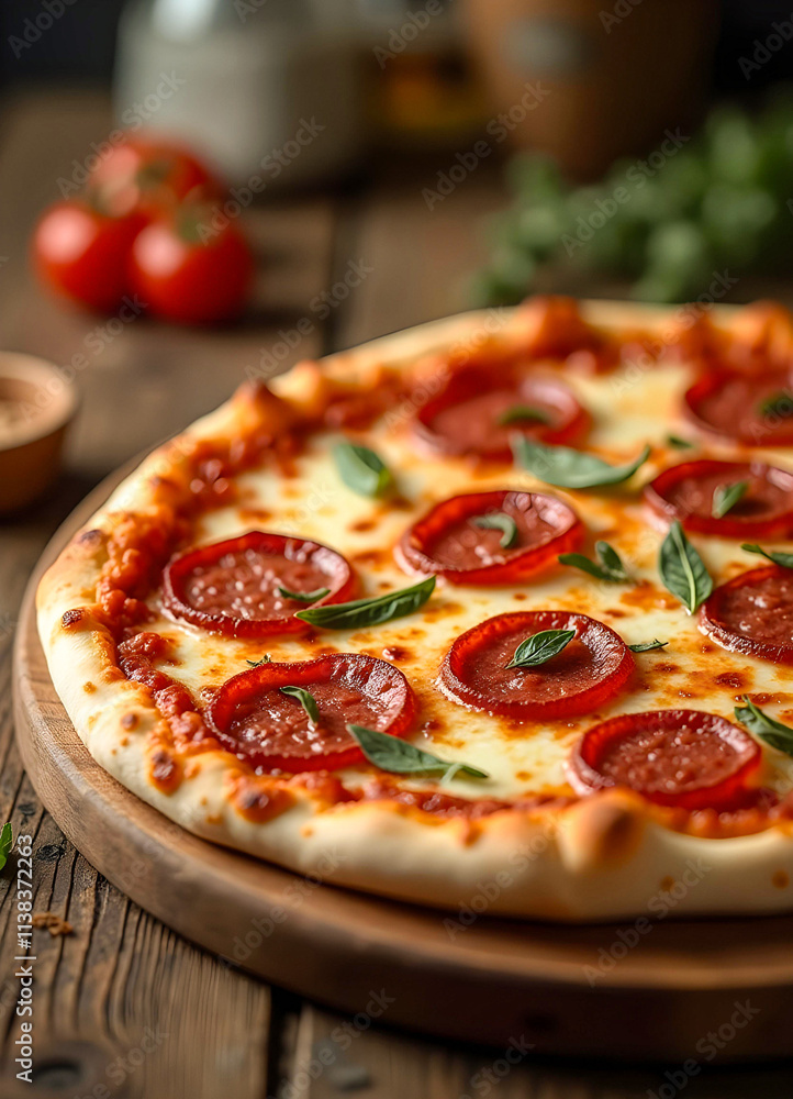 Pizza with salami in a white box at the bottom right, white backdrop with gold glitter, delivery social media post. Modern style, space for text, elegant, no people Pizza with salami in a white box at the bottom right, white backdrop with gold glitter, delivery social media post. Modern style, space for text, elegant, no people