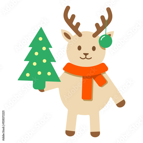 New Year's horned deer with a green glowing Christmas tree in his paw in a red scarf and a Christmas ball. Vector illustration.