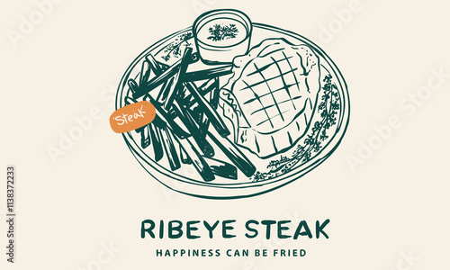 French fries. Steak platter print design. Lunch t shirt design. Ribeye steak artwork. Food vintage artwork. lunch dish artwork for t shirt print, poster, sticker and other uses.