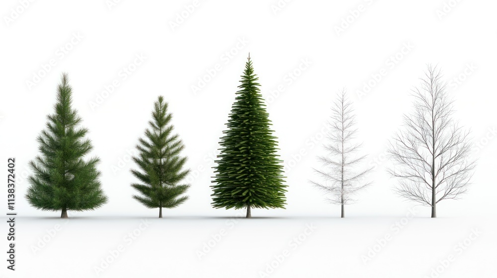 Obraz premium Four trees representing different types and seasons in a snowy setting.
