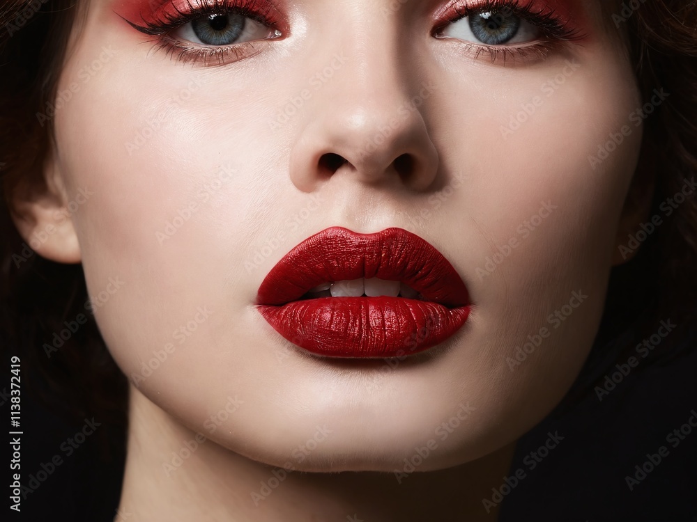 Bold red lips and dramatic eye makeup highlight beauty in a close-up portrait