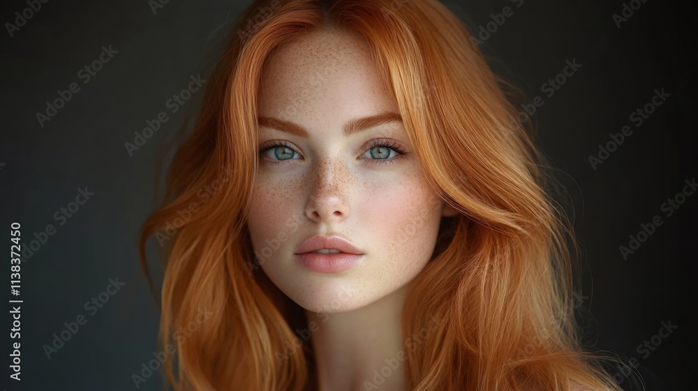 Captivating studio portrait of a stunning young redhead woman with freckles, showcasing her natural beauty and enchanting presence Captivating studio portrait of a stunning young redhead woman with freckles, showcasing her natural beauty and enchanting presence