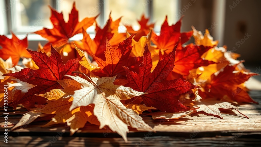 A Collection of Vivid Autumn Leaves in a Warm Hues of Red, Orange, and Yellow, Scattered on a Weathered Wooden Surface A Collection of Vivid Autumn Leaves in a Warm Hues of Red, Orange, and Yellow, Scattered on a Weathered Wooden Surface