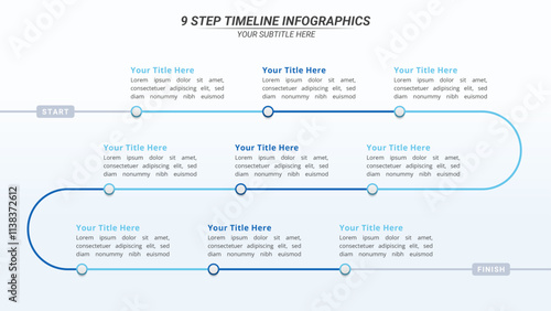 9 Steps Infographic Timeline with Editable Text on a 16:9 Layout for Business Presentation, Poster, Banner and Booklet.