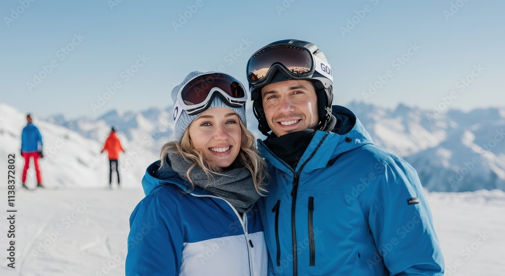 Joyful young caucasian couple in ski resort for winter adventure and leisure activities Joyful young caucasian couple in ski resort for winter adventure and leisure activities