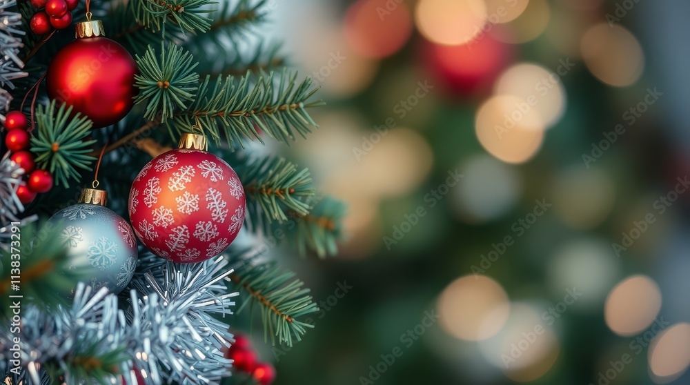 Obraz premium Christmas tree branch with red bows, balls and copper tinsel on an abstract design background, with space for text