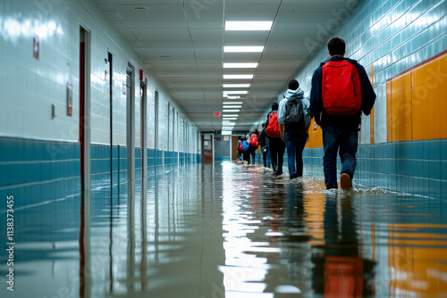 A flooded school hallway with students walking through water, highlighting the impact of flooding on educational environments. photo