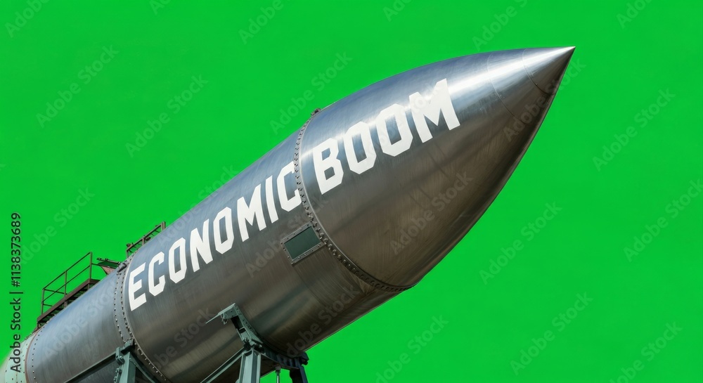 Fototapeta premium an ECONOMIC BOOM label written on rocket missile with a green background