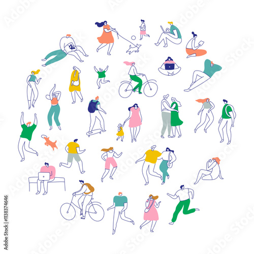 Line art people bundle. Male and female people have outdoor activity. Flat vector characters isolated on white background.