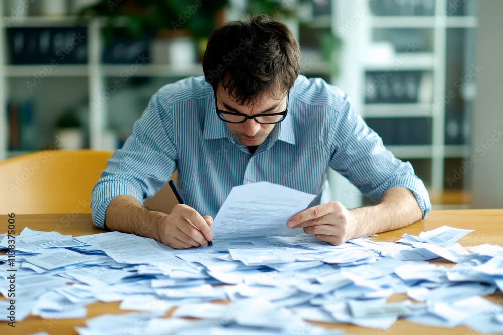A man reviews documents scattered on a table, appearing focused and overwhelmed by the amount of paperwork in front of him. A man reviews documents scattered on a table, appearing focused and overwhelmed by the amount of paperwork in front of him.