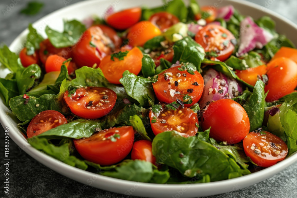 Fresh spinach salad with cherry tomatoes, red onion, and spices.