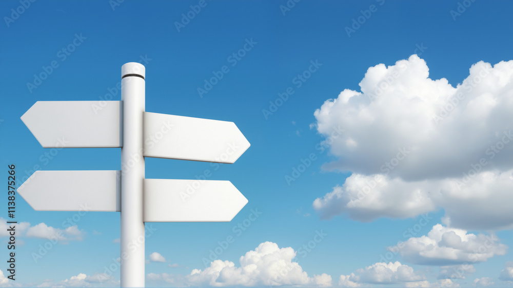 a blank white signpost pointing in multiple directions against a bright blue sky with fluffy white clouds a blank white signpost pointing in multiple directions against a bright blue sky with fluffy white clouds