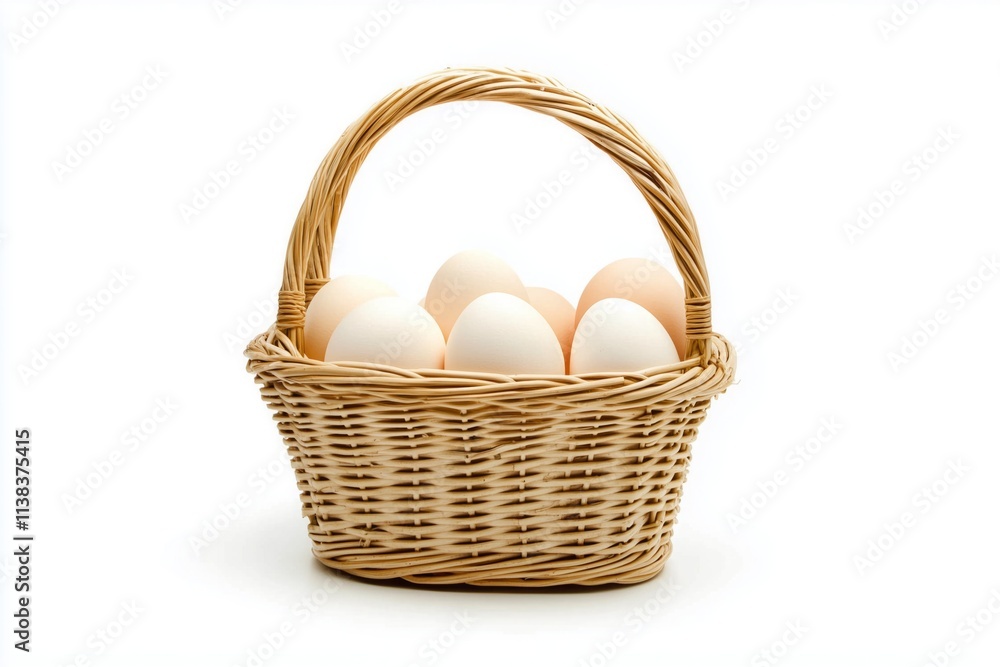 Small wicker basket filled with fresh eggs, isolated on a white background. Small wicker basket filled with fresh eggs, isolated on a white background.