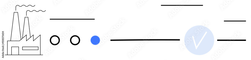Factory emitting smoke, transportation lines denoting progress, blue circular dot, and checkmark symbol. Ideal for industrial growth, manufacturing, efficiency, supply chain, logistics progress