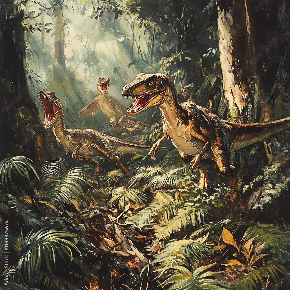 Dinosaurs roaming in a lush, prehistoric jungle with vibrant greenery. Dinosaurs roaming in a lush, prehistoric jungle with vibrant greenery.