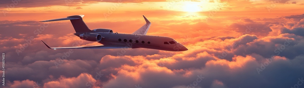 Obraz premium Sunset Flight: Private Jet Soaring Above the Clouds