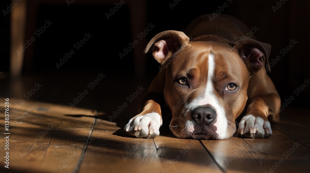 Dog relaxing on wooden floor home interior pet natural light close-up view calm atmosphere Dog relaxing on wooden floor home interior pet natural light close-up view calm atmosphere