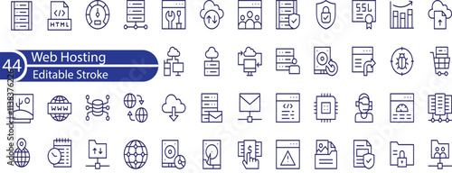 Web Hosting editable stroke outline web icons set. Web hosting, server, data center, cloud hosting, vps, domain, ftp, internet, ssl, database and firewall.