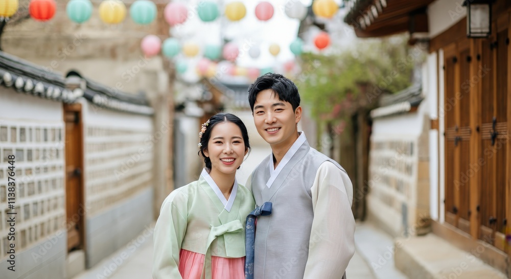 Traditional korean couple in hanbok at lantern-filled alleyway during cultural festival