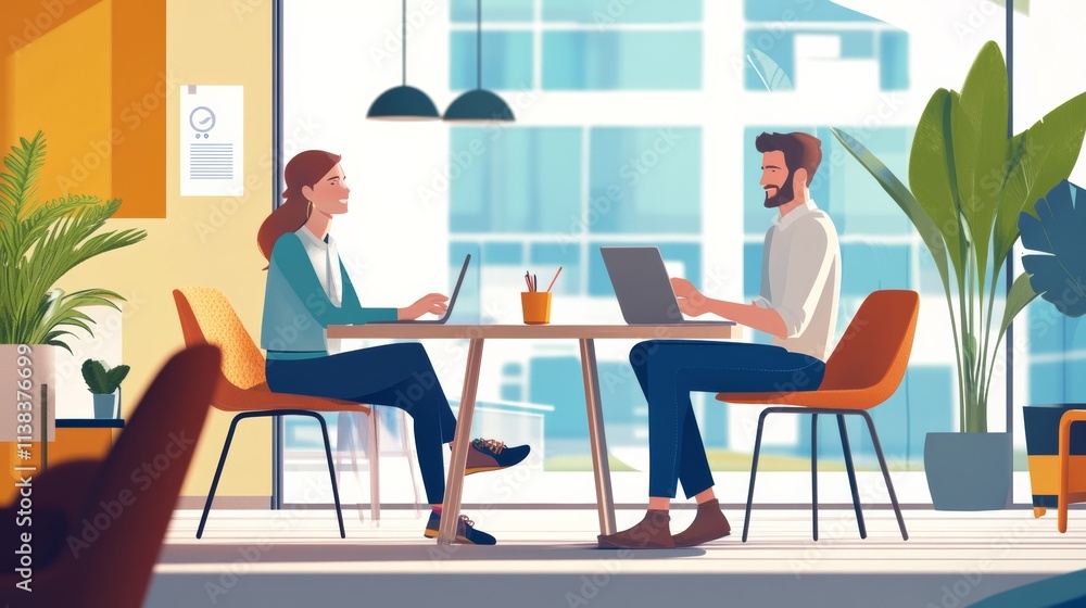 Successful business people working together in a coworking office. Two business professionals working on a tech project. Business colleagues talking to each other. Successful business people working together in a coworking office. Two business professionals working on a tech project. Business colleagues talking to each other.