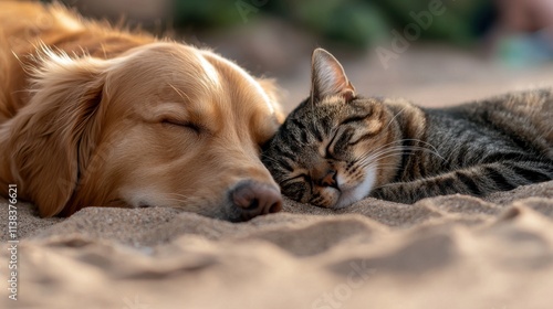 Wallpaper Mural Golden retriever and tabby cat snuggling together on sandy beach relaxing scene warm atmosphere close-up view for pet lovers Torontodigital.ca