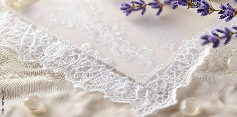 A delicate lace trim with lavender and decorative stones on a soft fabric background. A delicate lace trim with lavender and decorative stones on a soft fabric background.
