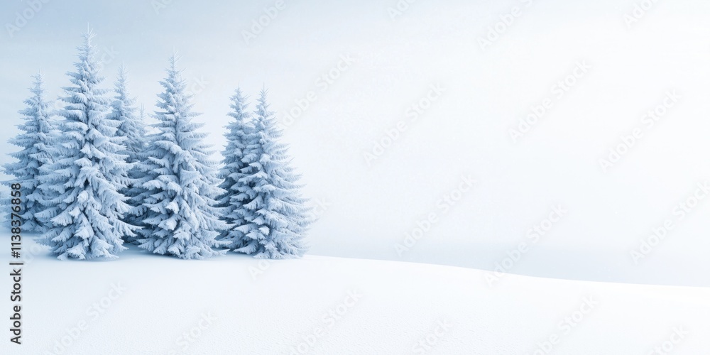Fototapeta premium Snow-covered trees stand in a serene winter landscape with soft light and snowy ground created by fresh snowfall