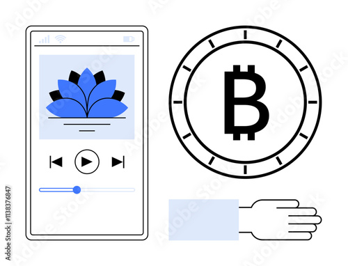 Smartphone screen displaying music player interface next to Bitcoin symbol and an outstretched hand. Ideal for fintech, digital media, tech innovation, mobile apps, music streaming, cryptocurrency