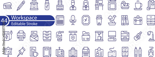 workspace icon set. Containing briefcase, desk, computer, meeting, employee, schedule and co-worker symbol.