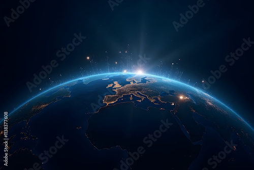 Night planet earth from space with light lines of communication and connection. 